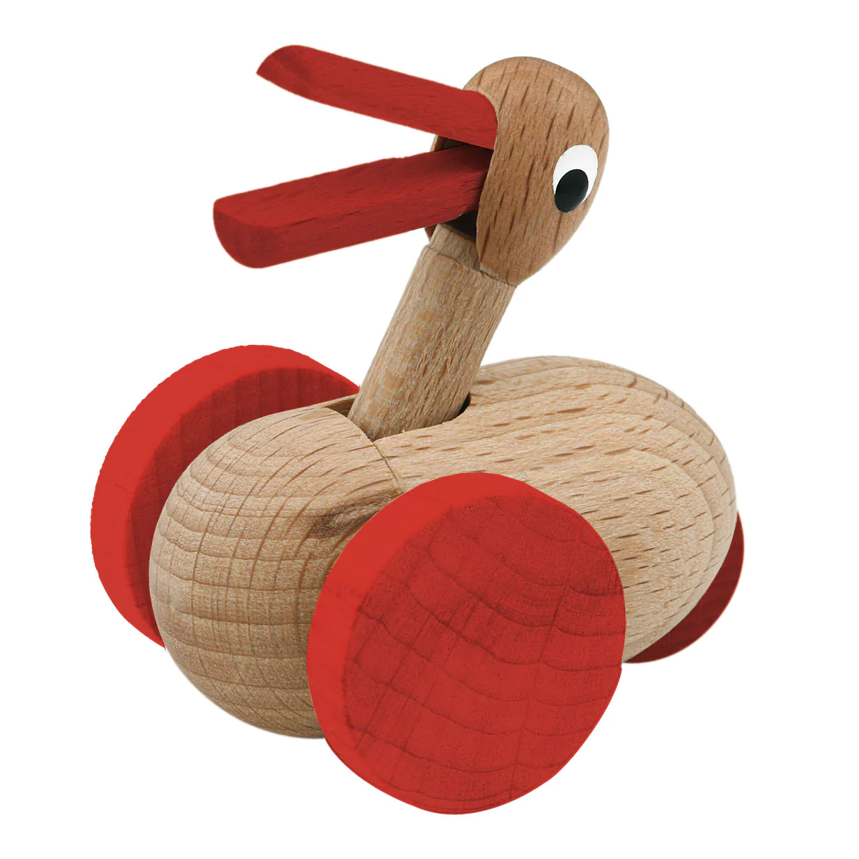 Wackelente natur groß mit roten Rädern